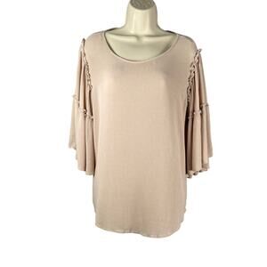Diane Gilman DG2 Top Womens Large Beige Tan Rayon Textured Wide Bell Sleeve